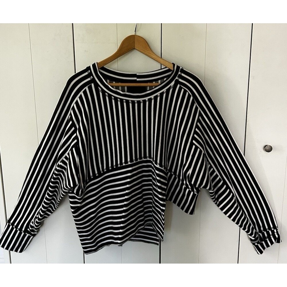 CREARE Black White Stripe Asymmetric Top Crop Tunic Long Sleeve Relaxed One Size